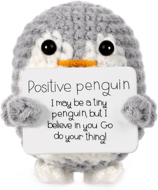 Mini Funny Positive Penguin, Cute Potato 2.6 Inch Knitted Penguin Toy with Positive Card Positive Penguin Crochet Doll Cheering Gift for Graduation Family Friend Encouragement Party Decoration(Gray)