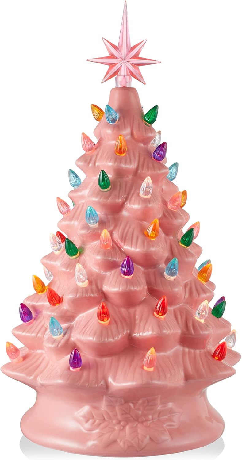 Hand Painted Ceramic Christmas Tree, Pink 15-Inch Pre-Lit Tree with 128 Multi Color Lights and 2 Star Toppers