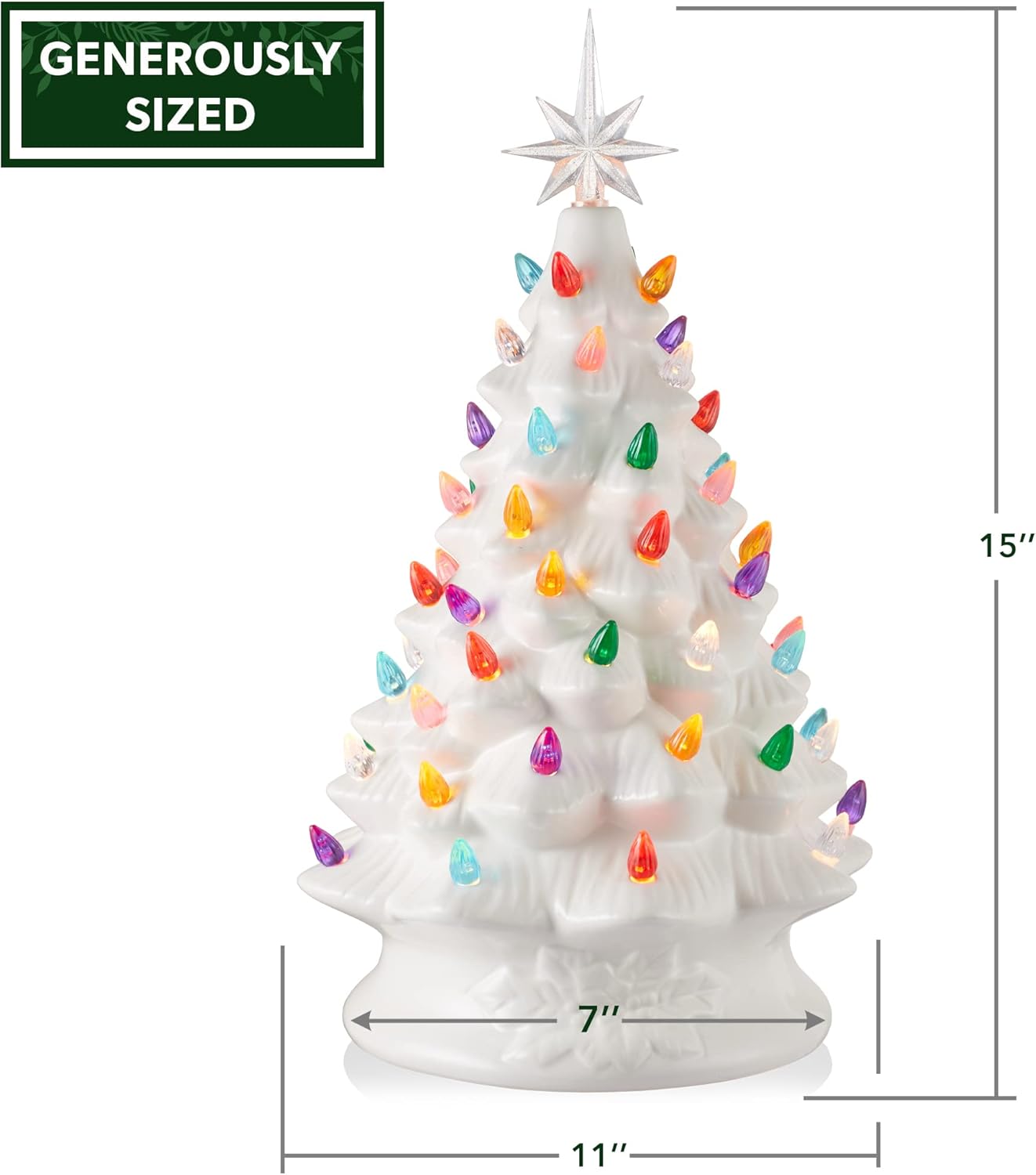 Hand Painted Ceramic Christmas Tree, Pink 15-Inch Pre-Lit Tree with 128 Multi Color Lights and 2 Star Toppers
