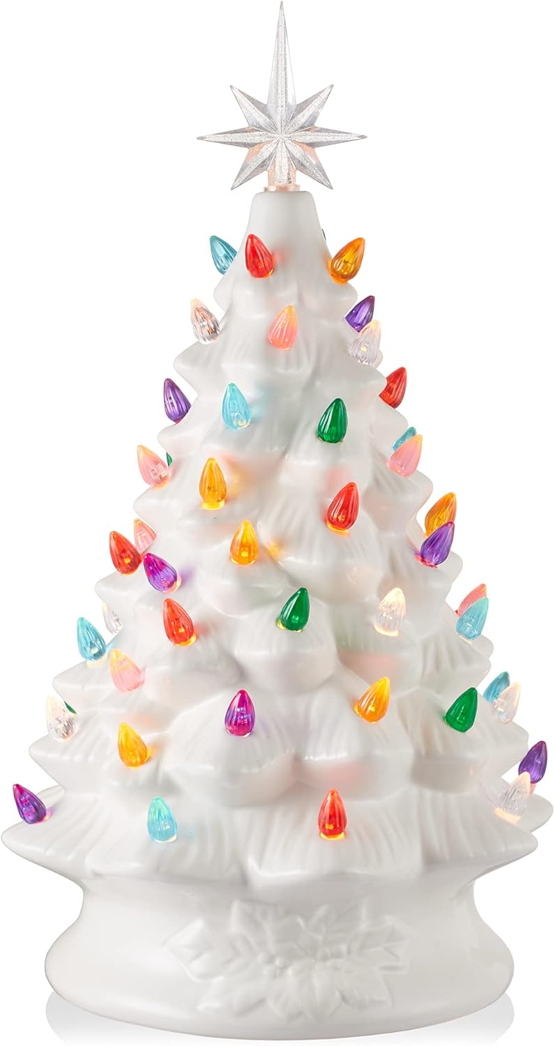 Hand Painted Ceramic Christmas Tree, Pink 15-Inch Pre-Lit Tree with 128 Multi Color Lights and 2 Star Toppers