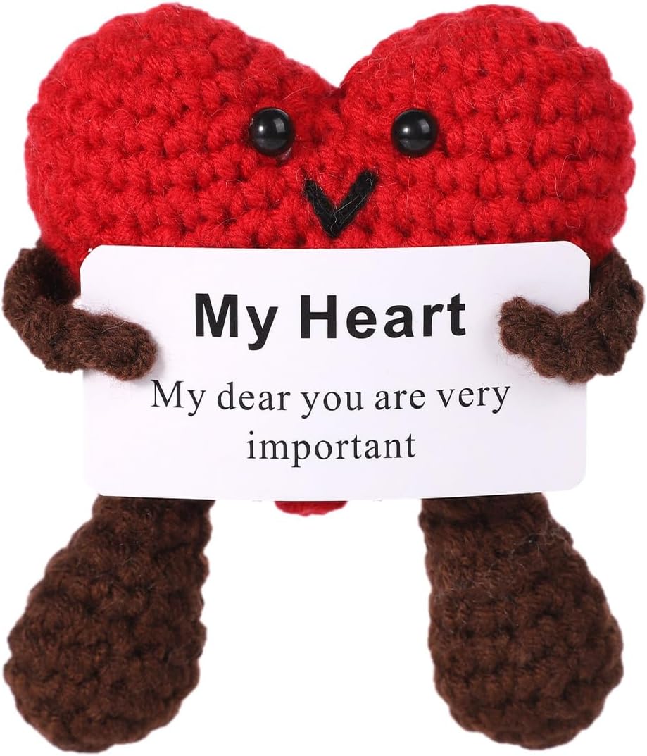 Positive Heart Crochet, Wool Yarn Funny Positive Knitted Toy Doll Red Heart Potato Doll with Encourage Card