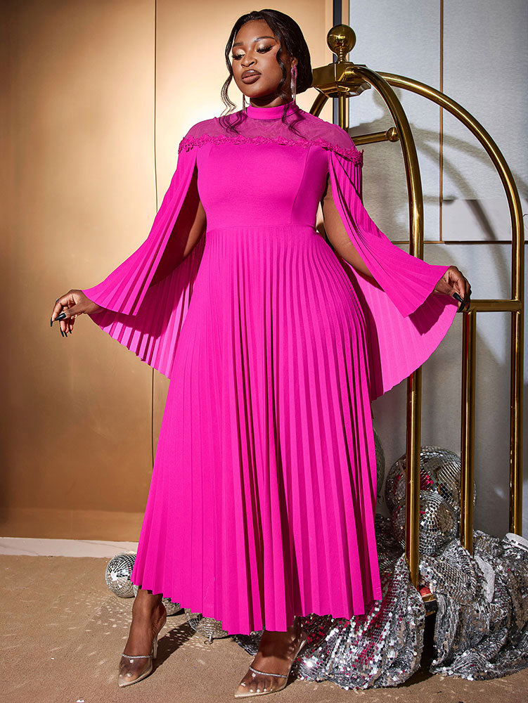 Rose A Line Dress Pleated Half High Collar Shawl sleeves
