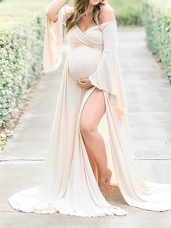 Solid Off Shoulder V-neck Slit Flare Sleeve Party Long Train Gown Maternity Photoshoot Maxi Dress
