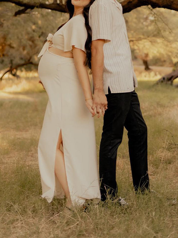 Beige Bow Cut Out Side Slit V-neck Elegant Photoshoot Baby Shower Maternity Maxi Dress