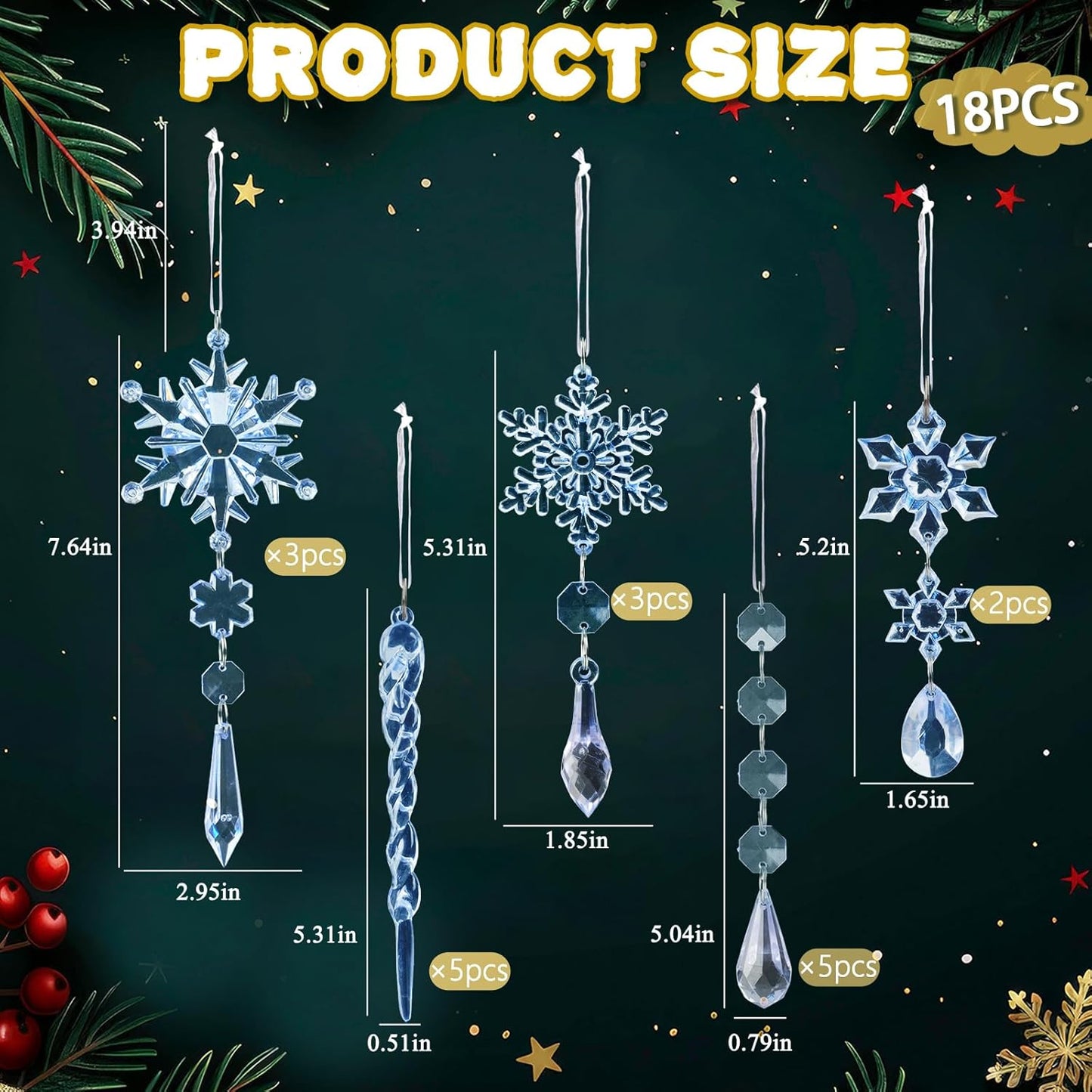 18pcs Christmas Tree Decoration Crystal Ornaments - Hanging Acrylic Christmas Snowflake Icicle Drop Crystal Ornaments for Xmas Tree Winter New Year Party Supplies