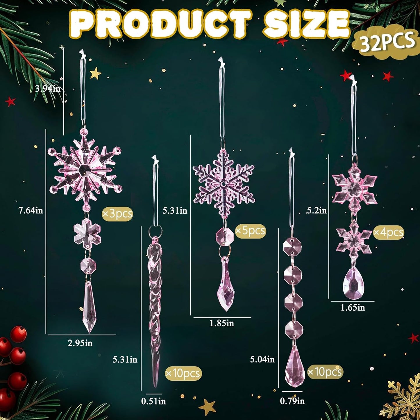 18pcs Christmas Tree Decoration Crystal Ornaments - Hanging Acrylic Christmas Snowflake Icicle Drop Crystal Ornaments for Xmas Tree Winter New Year Party Supplies