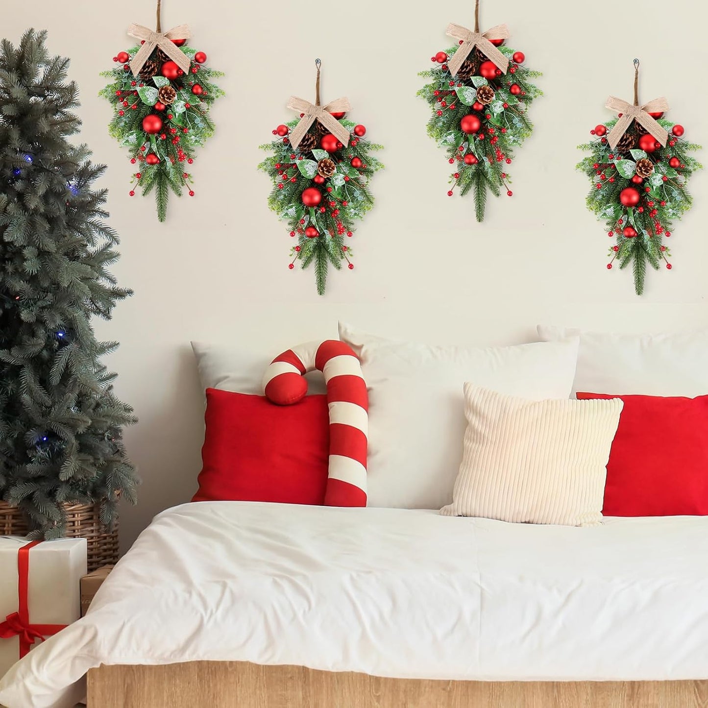 24" Christmas Wreaths for Front Door 2 PCS Christmas Teardrop Swag Winter Wreath with Red Ball Red Berry Pine Needles for Indoor Outdoor Farmhouse Home Wall Window Festival Wedding Decor
