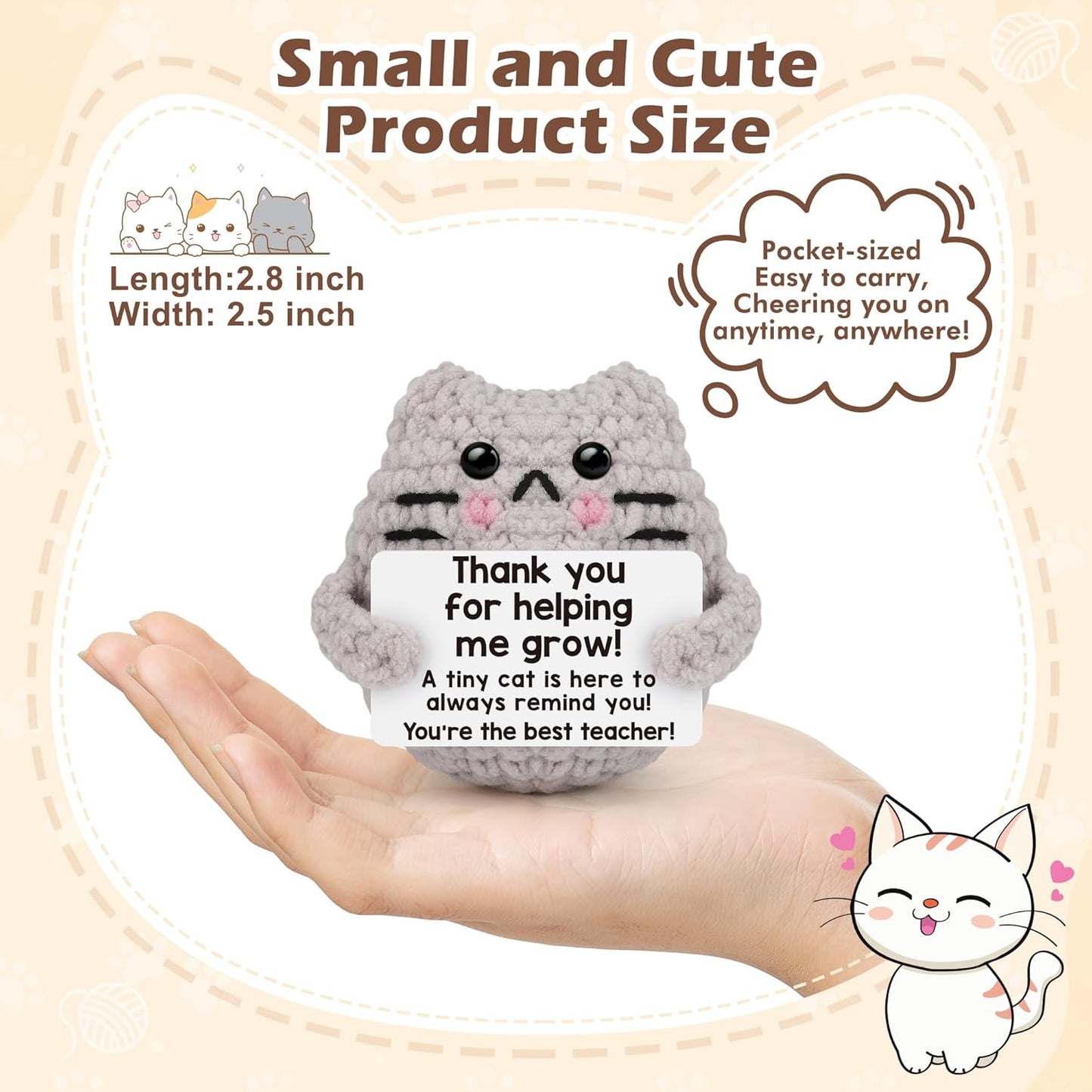 Crochet Cat Easter Basket Stuffers Positive Cat Crochet for Friend for Mom Grandma Dad Grandpa Daughter Son Gifts, Emotional Coworker Sister Brother Support Small Birthday Gifts