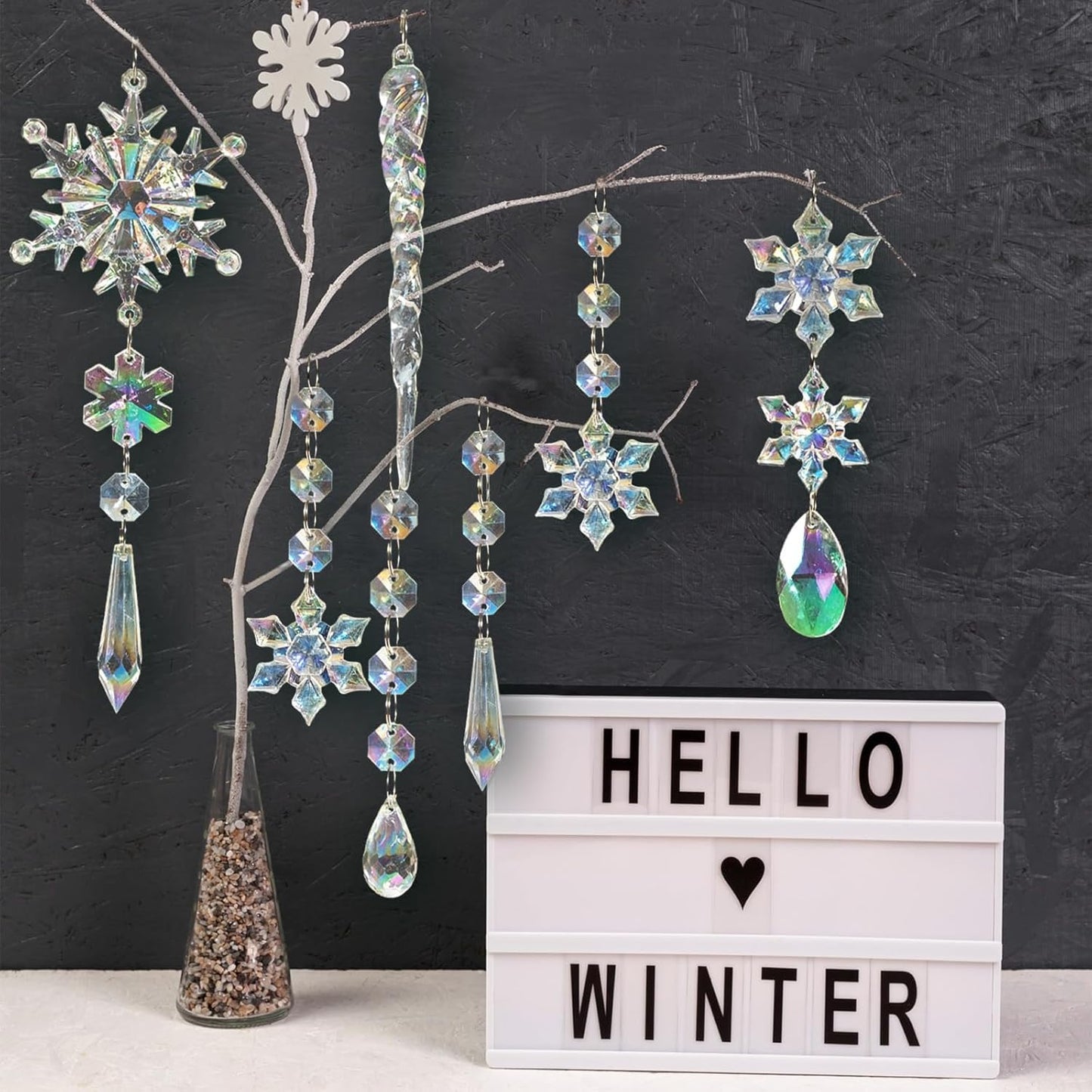 18pcs Christmas Tree Decoration Crystal Ornaments - Hanging Acrylic Christmas Snowflake Icicle Drop Crystal Ornaments for Xmas Tree Winter New Year Party Supplies