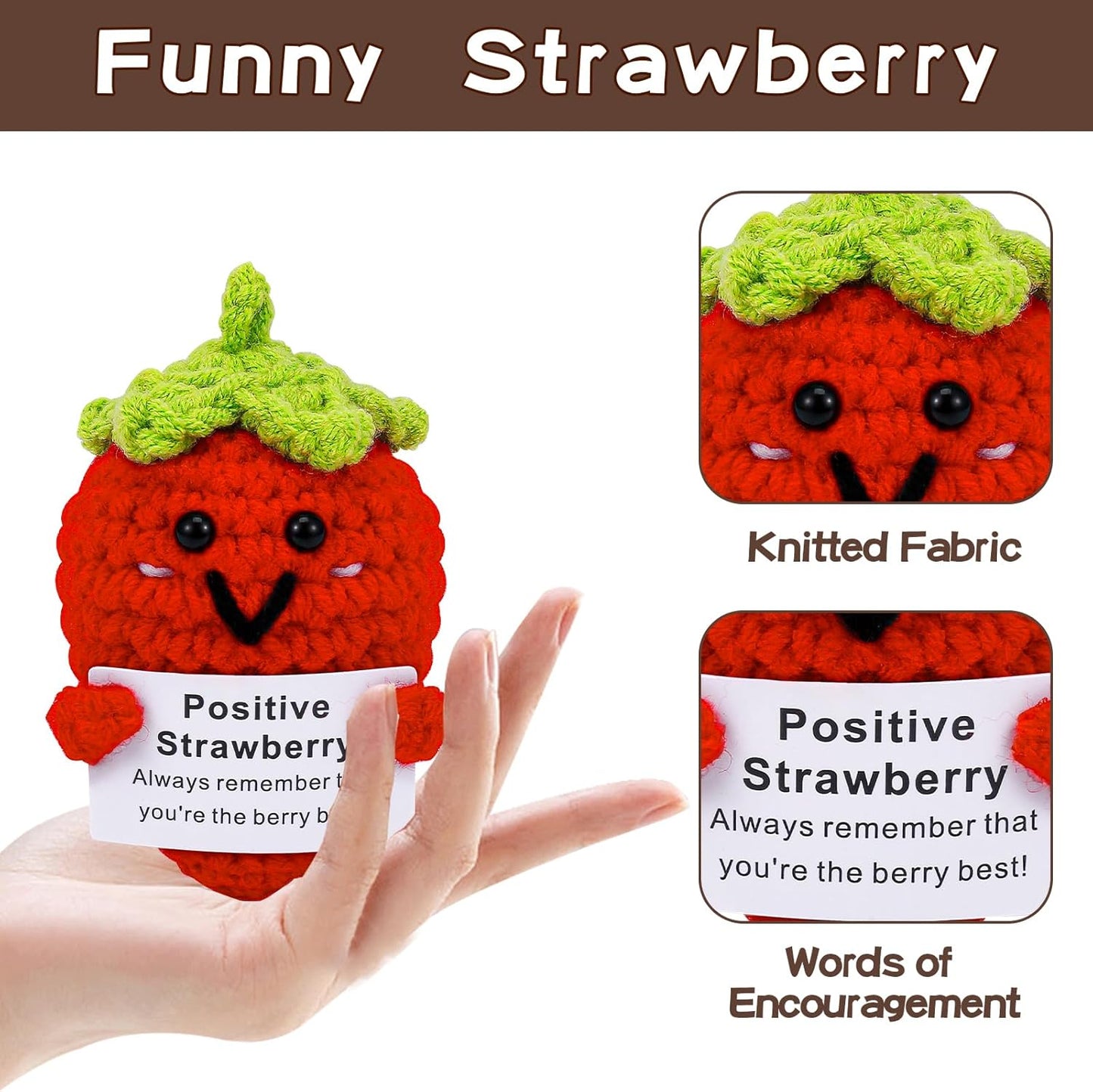 Hoedia Handmade Emotional Pickle Gift, Cucumber Crochet Doll Inspirational Gifts with Cards, Cute Knitted Funny Support Pickle Potato Friend Birthday (Emotional Strawberry)