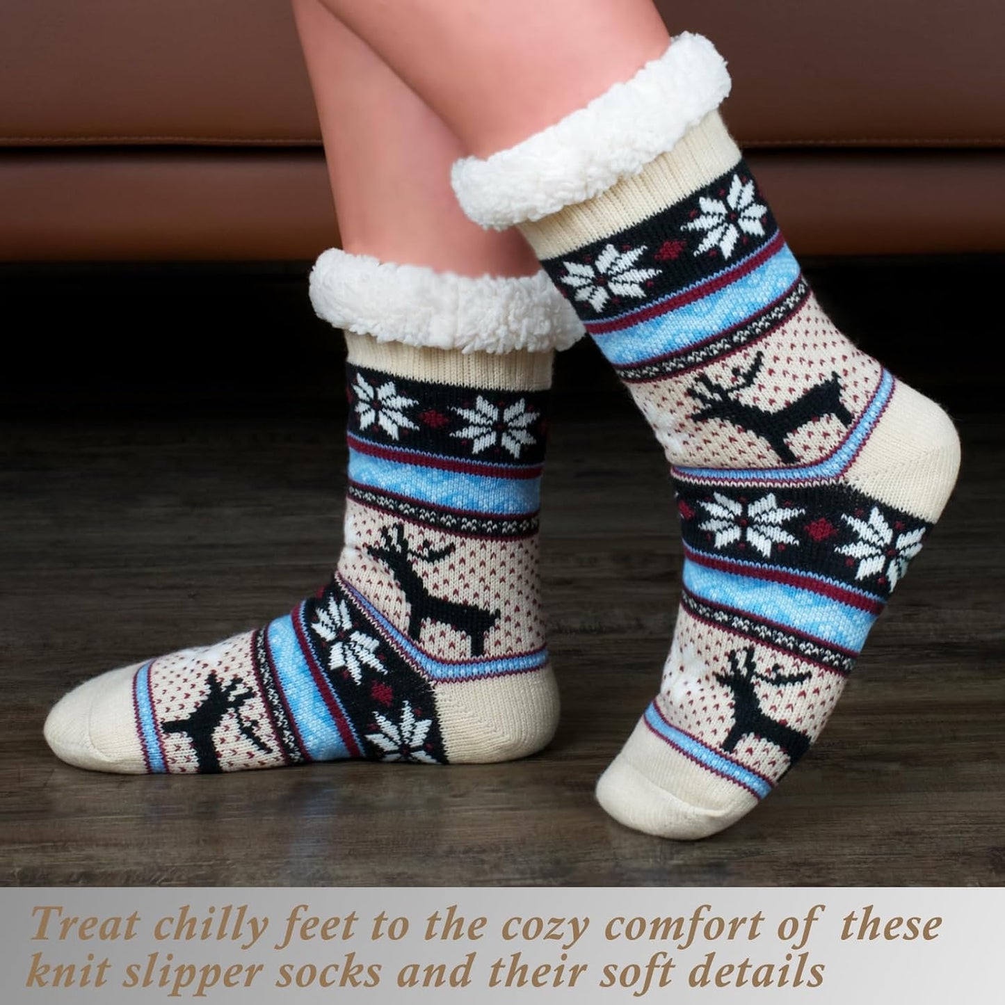 Women's Fuzzy Slipper Socks with Non-Slip Grippers, Cozy Fluffy Sherpa Lined, Cute Christmas Gifts