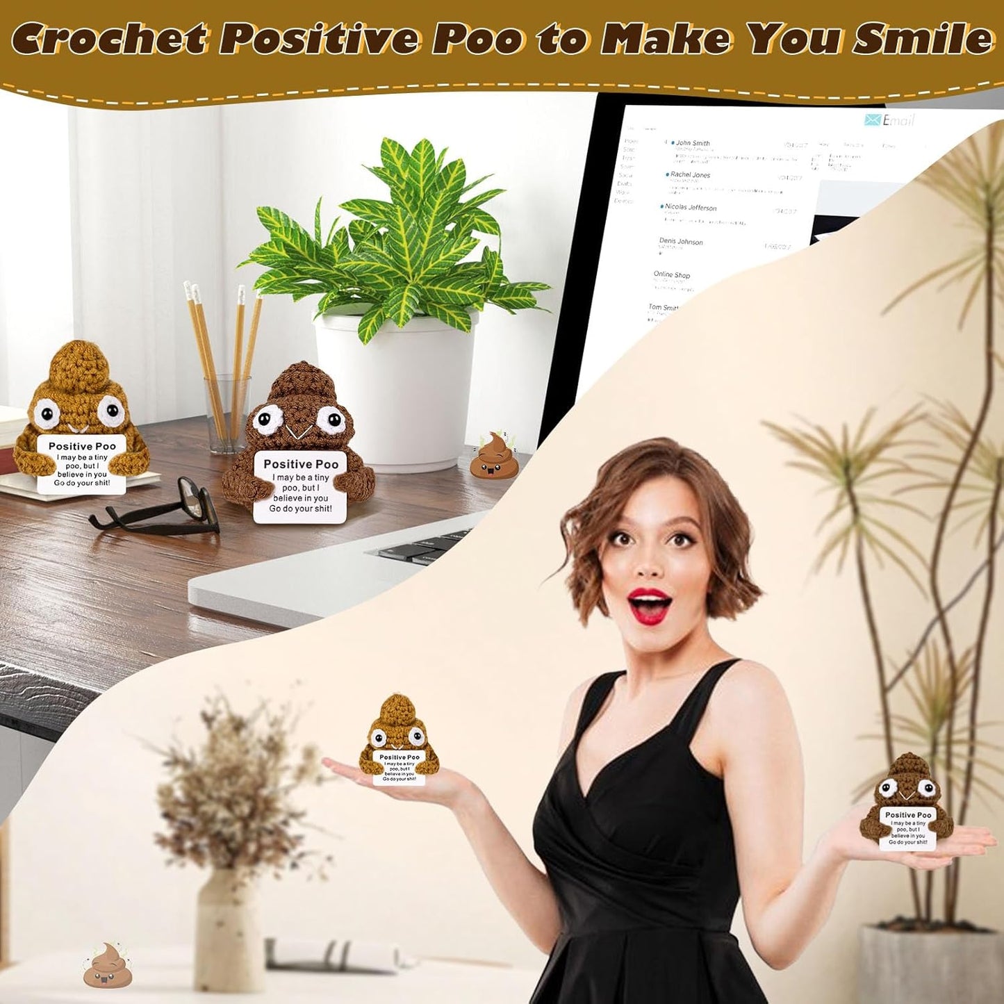 Positive Poo with Affirmations Cards Emotional Crochet Support Positive Energy Gifts for Women Friends Christmas Gag Gift (Brown&Yellow, 2P)