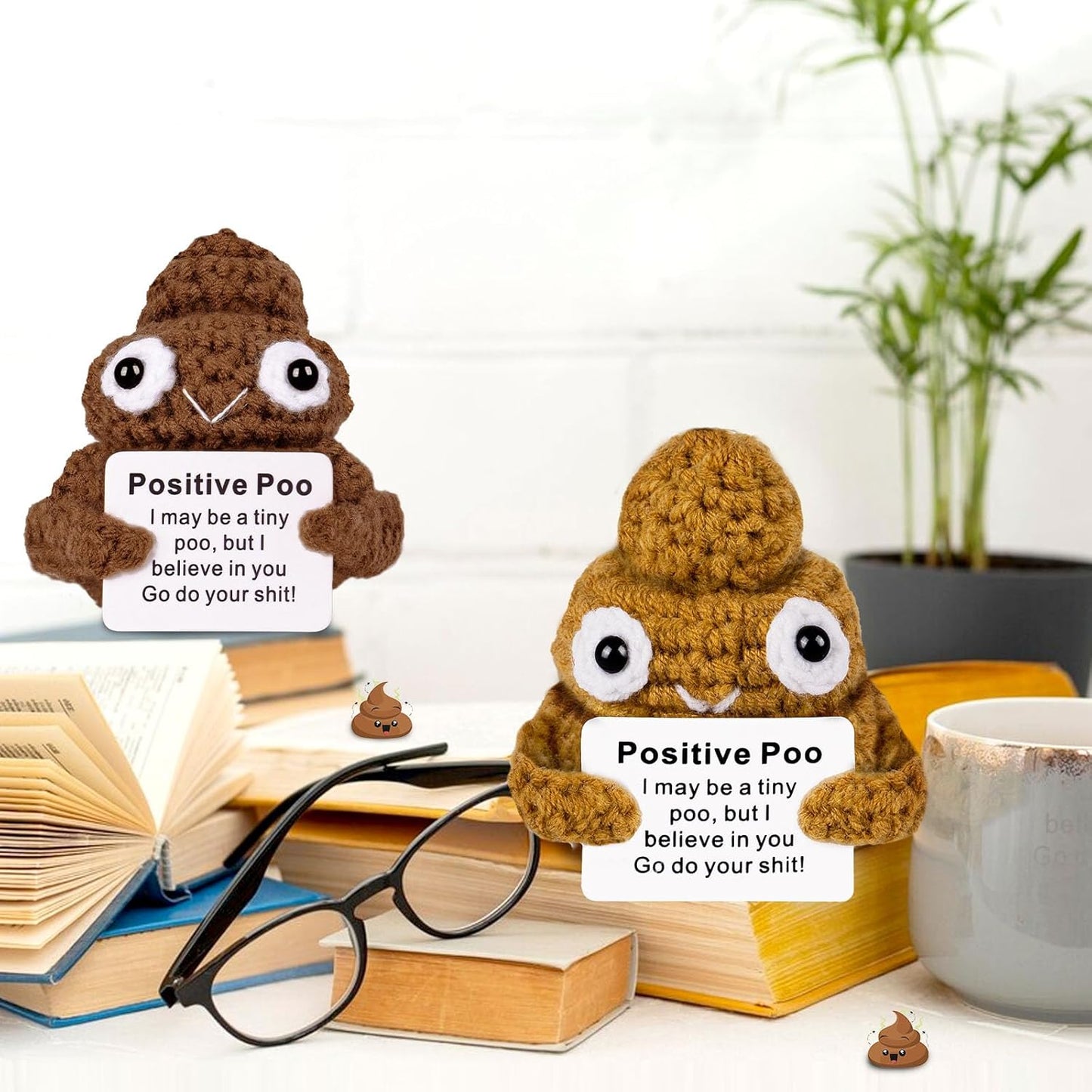 Positive Poo with Affirmations Cards Emotional Crochet Support Positive Energy Gifts for Women Friends Christmas Gag Gift (Brown&Yellow, 2P)