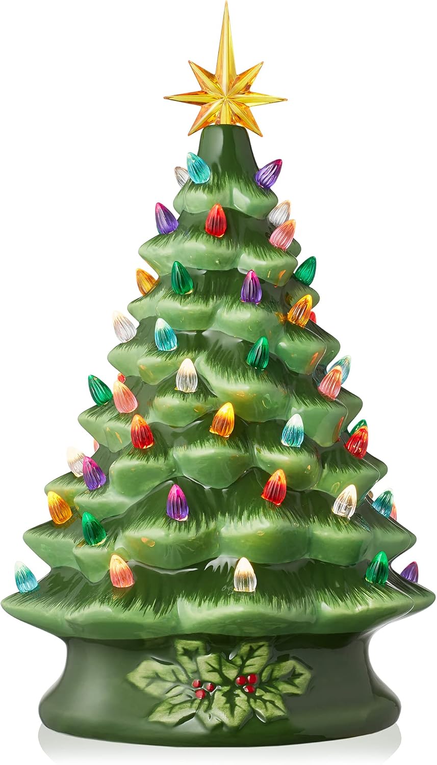 Hand Painted Ceramic Christmas Tree, Pink 15-Inch Pre-Lit Tree with 128 Multi Color Lights and 2 Star Toppers