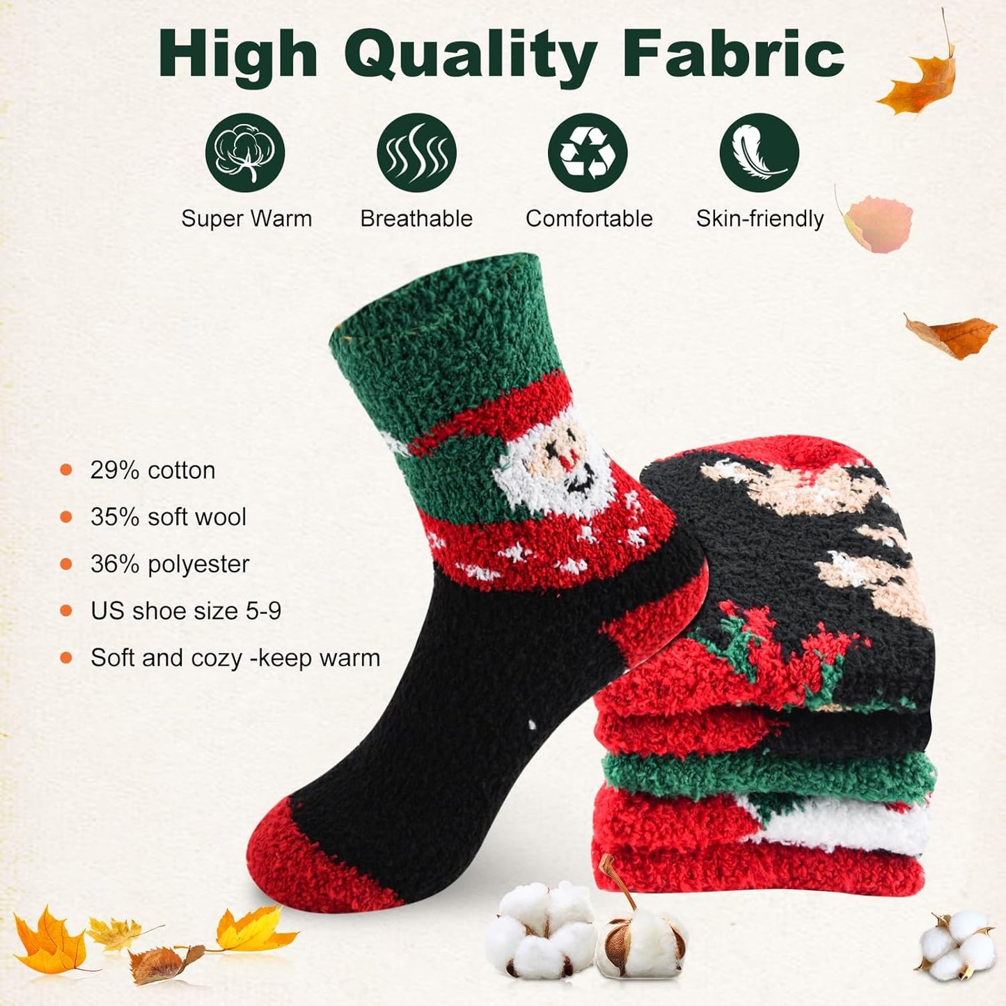 5Pairs Free Size Fuzzy Socks Soft Wool Crew Warm Socks for Women Winter Multicolor Christmas Womens Winter Socks Gift Box