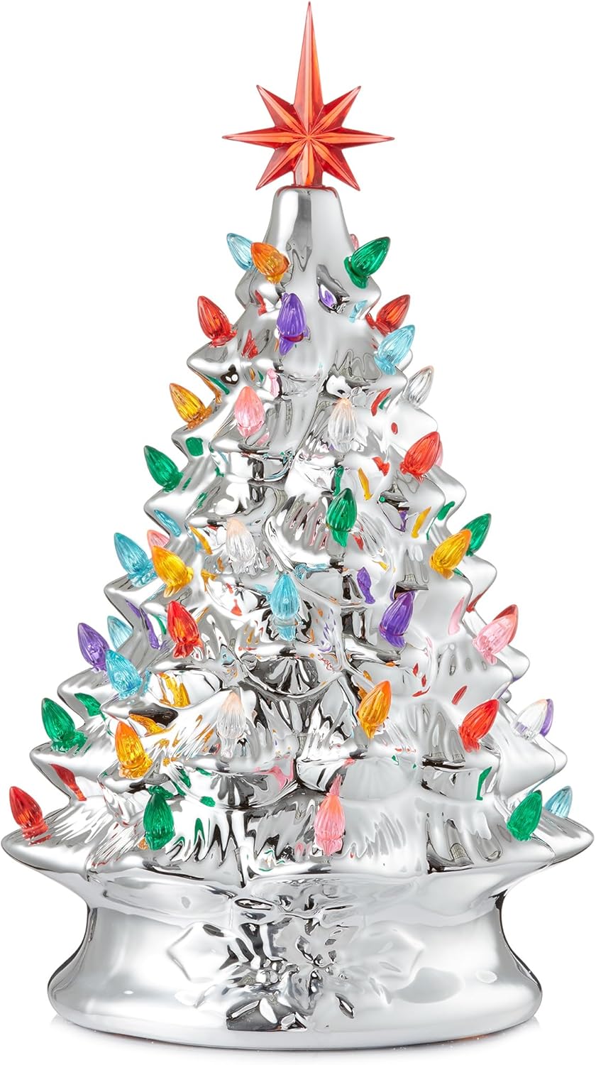 Hand Painted Ceramic Christmas Tree, Pink 15-Inch Pre-Lit Tree with 128 Multi Color Lights and 2 Star Toppers