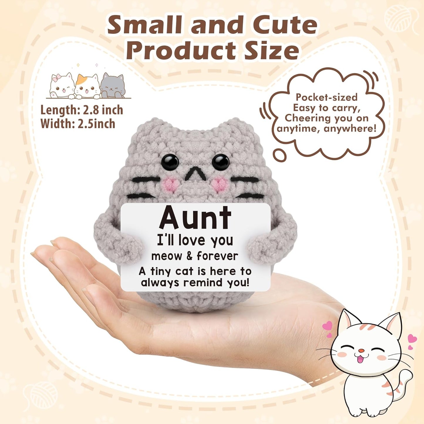 Crochet Cat Easter Basket Stuffers Positive Cat Crochet for Friend for Mom Grandma Dad Grandpa Daughter Son Gifts, Emotional Coworker Sister Brother Support Small Birthday Gifts