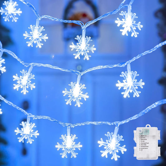 2 Pack Christmas Snowflakes Lights, 26 Ft 50 LED Snowflake String Lights Battery Operated, 8 Lighting Modes Waterproof Shatterproof Fairy Light for Bedroom Home Indoor Outdoor Xmas Christmas Decor