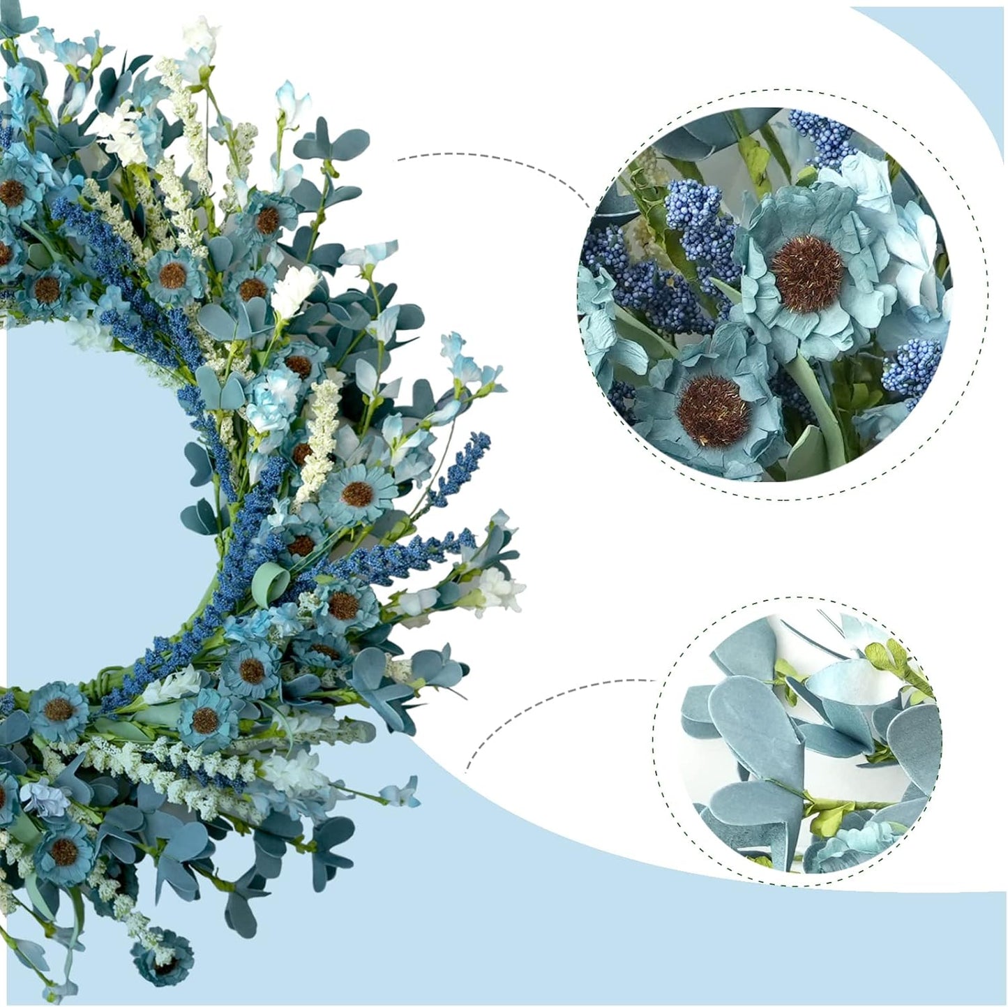 Bibelot 20 Inch Spring Wreath Blue with Green Leaves Wreaths Blue Daisy Artificial Grains White Flower Wreath for Front Door Wreaths,Farmhouse Decor Indoor&Outdoor Wedding Wall Home Decor
