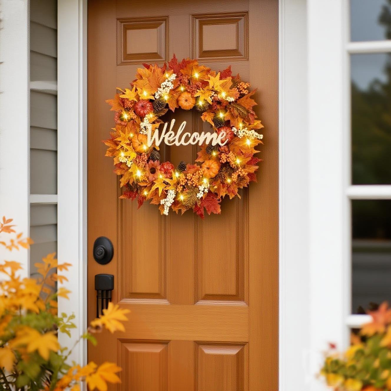 Waipfaru Fall Wreaths for Front Door - 20'' Autumn Wreath with Lights & Welcome Sign & Timer Function, Fall Leaf Reef Farmhouse Thanksgiving Decor for Outdoor Porch Patio