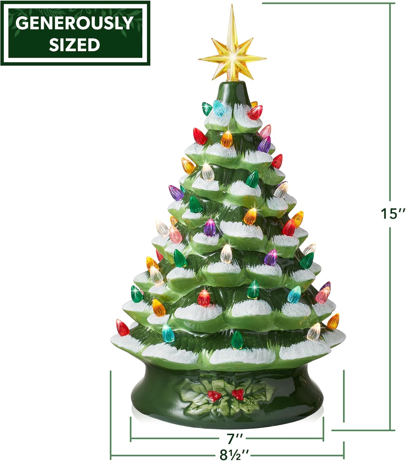 Hand Painted Ceramic Christmas Tree, Pink 15-Inch Pre-Lit Tree with 128 Multi Color Lights and 2 Star Toppers