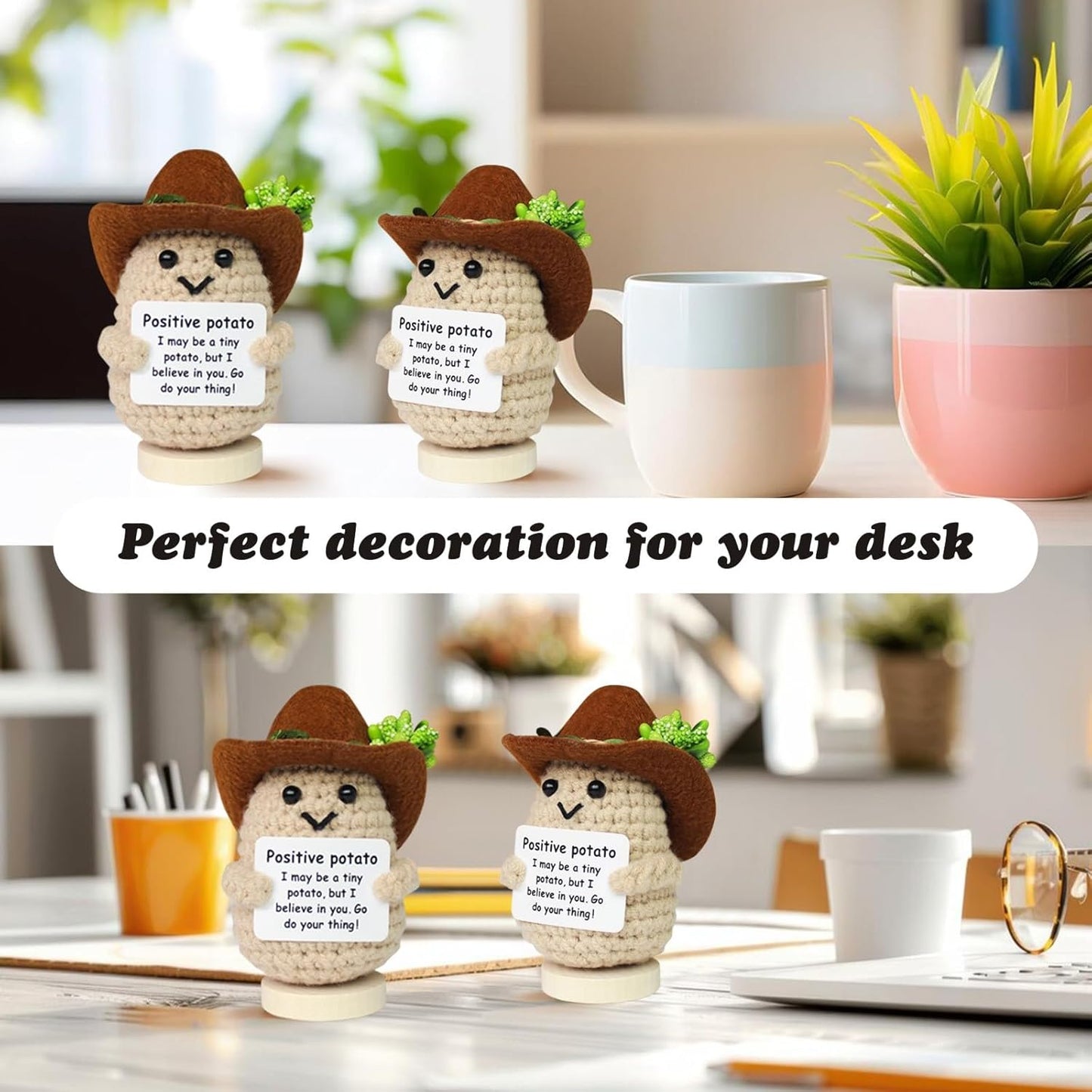 Mini Funny Positive Crochet Potato with Stand, Cute Emotional Support Potato Crochet Animals Already Made, Holiday Christmas Birthday Gifts for Women, Office Decor Cool Things