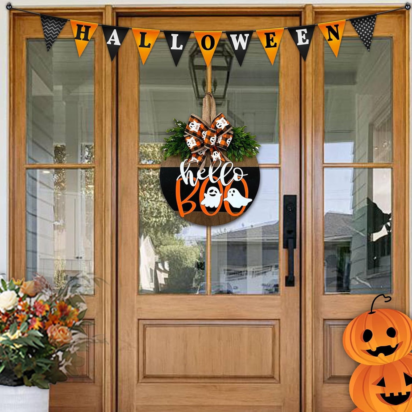 Merry Christmas Door Hanger Sign for Front, Chrismas Welcome Wooden Wreaths Sign with Bow for Winter Farmhouse Garden Porch Decorations (Christmas Door Sign)