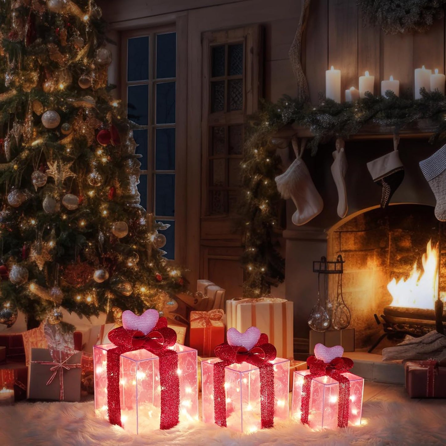 Christmas Joy Lighted Gift Boxes Decorations Set of 3, 2.6Ft Stackable Christmas Nesting Boxes Battery Operated for Home and Party Decoration