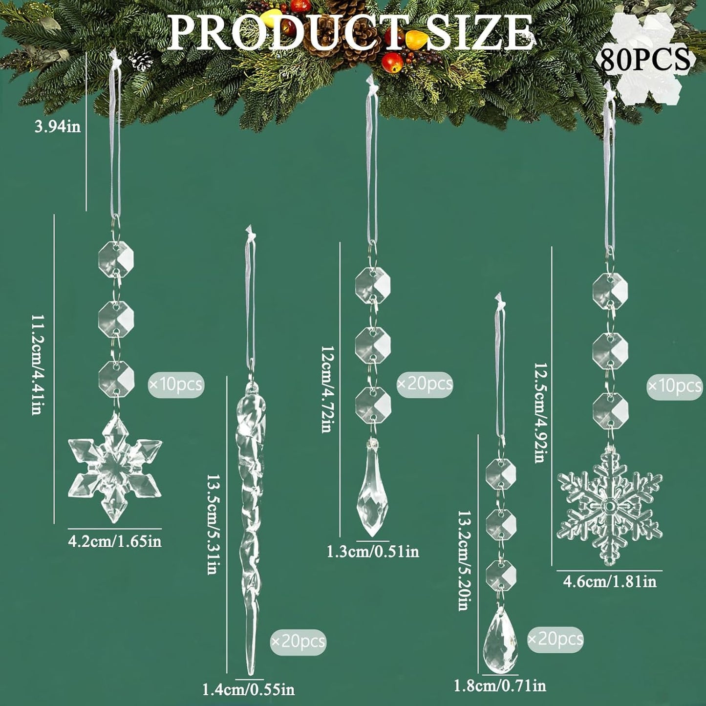 18pcs Christmas Tree Decoration Crystal Ornaments - Hanging Acrylic Christmas Snowflake Icicle Drop Crystal Ornaments for Xmas Tree Winter New Year Party Supplies