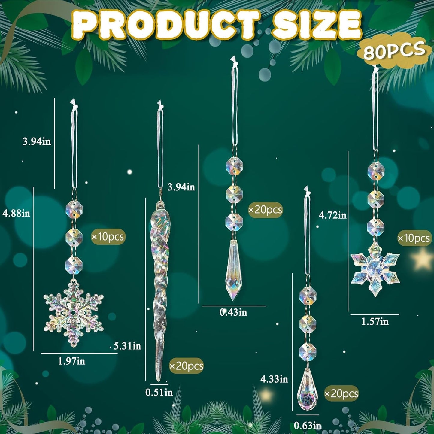 18pcs Christmas Tree Decoration Crystal Ornaments - Hanging Acrylic Christmas Snowflake Icicle Drop Crystal Ornaments for Xmas Tree Winter New Year Party Supplies