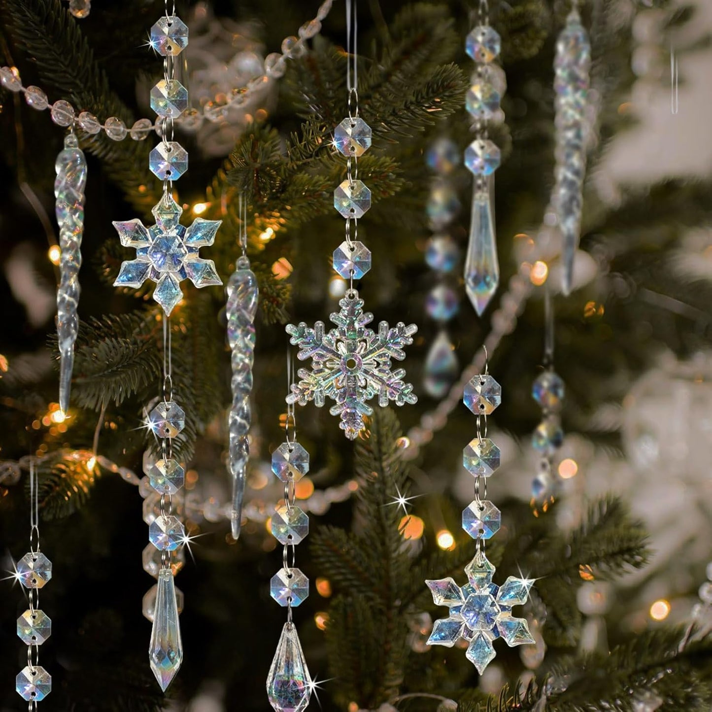 18pcs Christmas Tree Decoration Crystal Ornaments - Hanging Acrylic Christmas Snowflake Icicle Drop Crystal Ornaments for Xmas Tree Winter New Year Party Supplies