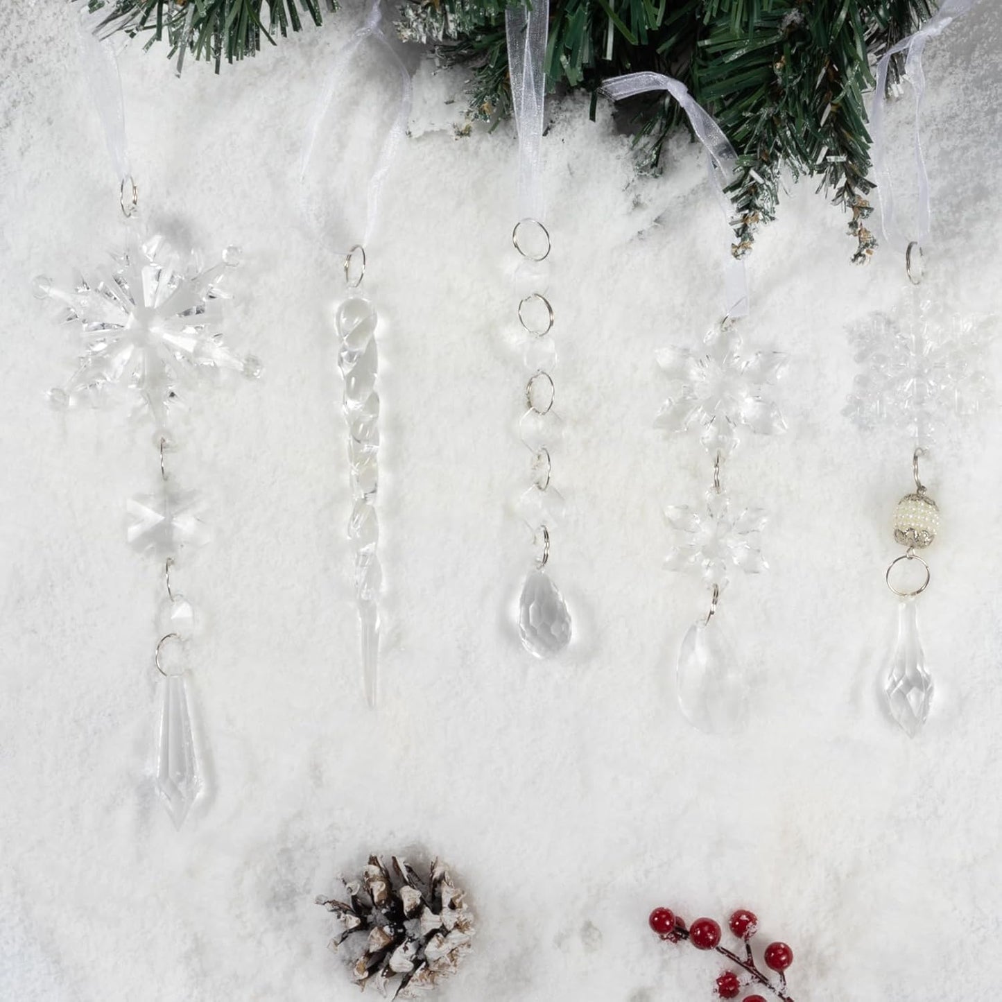 18pcs Christmas Tree Decoration Crystal Ornaments - Hanging Acrylic Christmas Snowflake Icicle Drop Crystal Ornaments for Xmas Tree Winter New Year Party Supplies