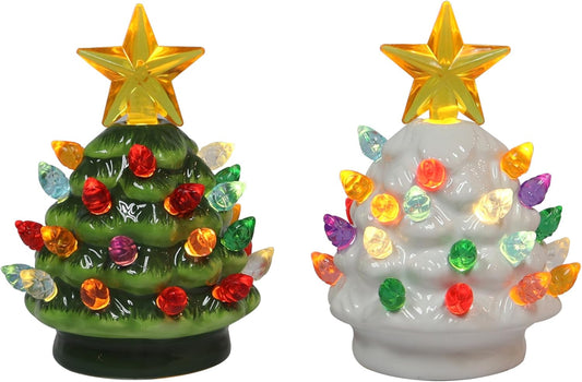 MOMENTS IN TIME 2pc 3.5”H LED Ceramic Mini Christmas Tree, LED Light up, Battery Operated Cell Battery Included.
