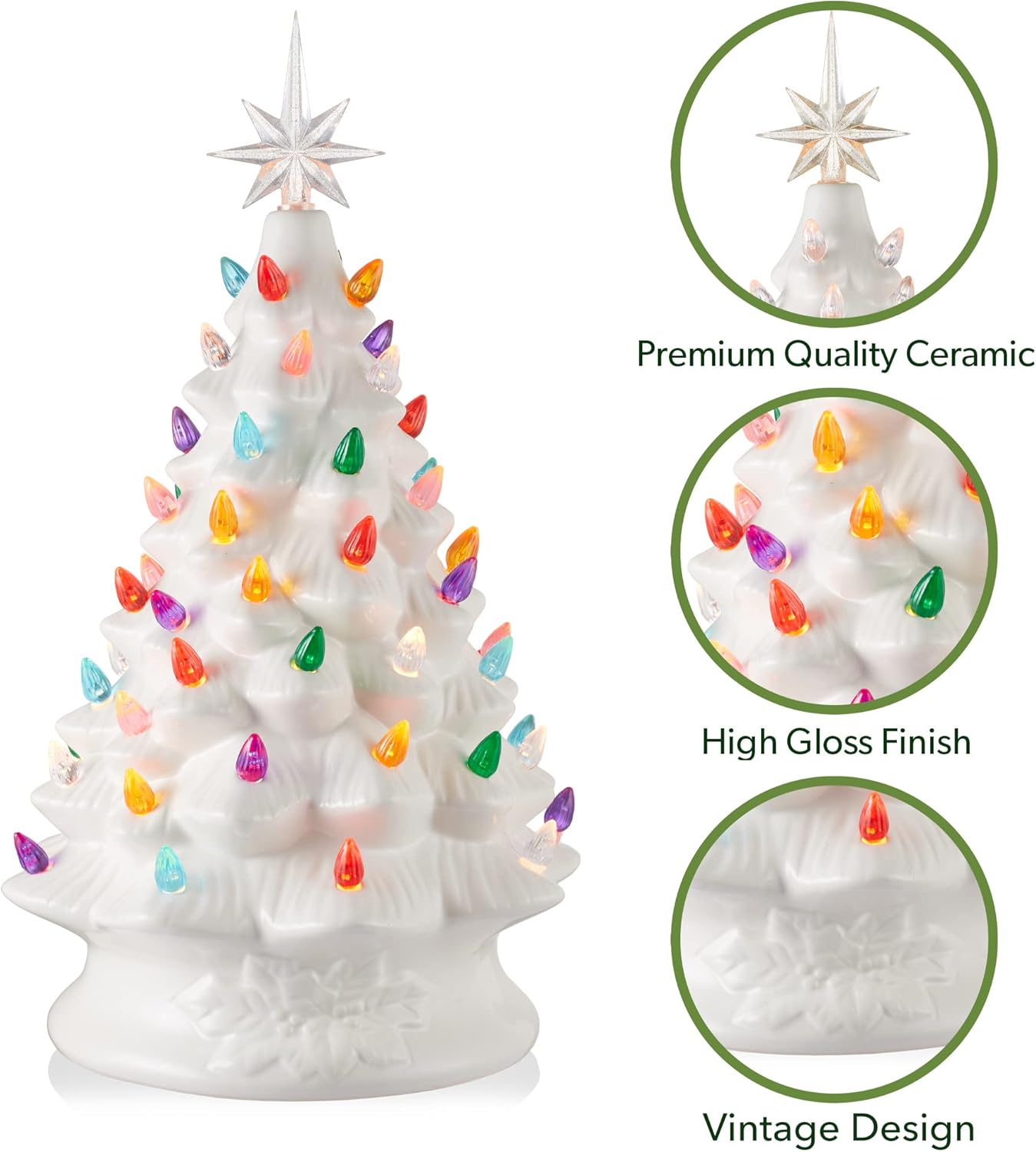 Hand Painted Ceramic Christmas Tree, Pink 15-Inch Pre-Lit Tree with 128 Multi Color Lights and 2 Star Toppers