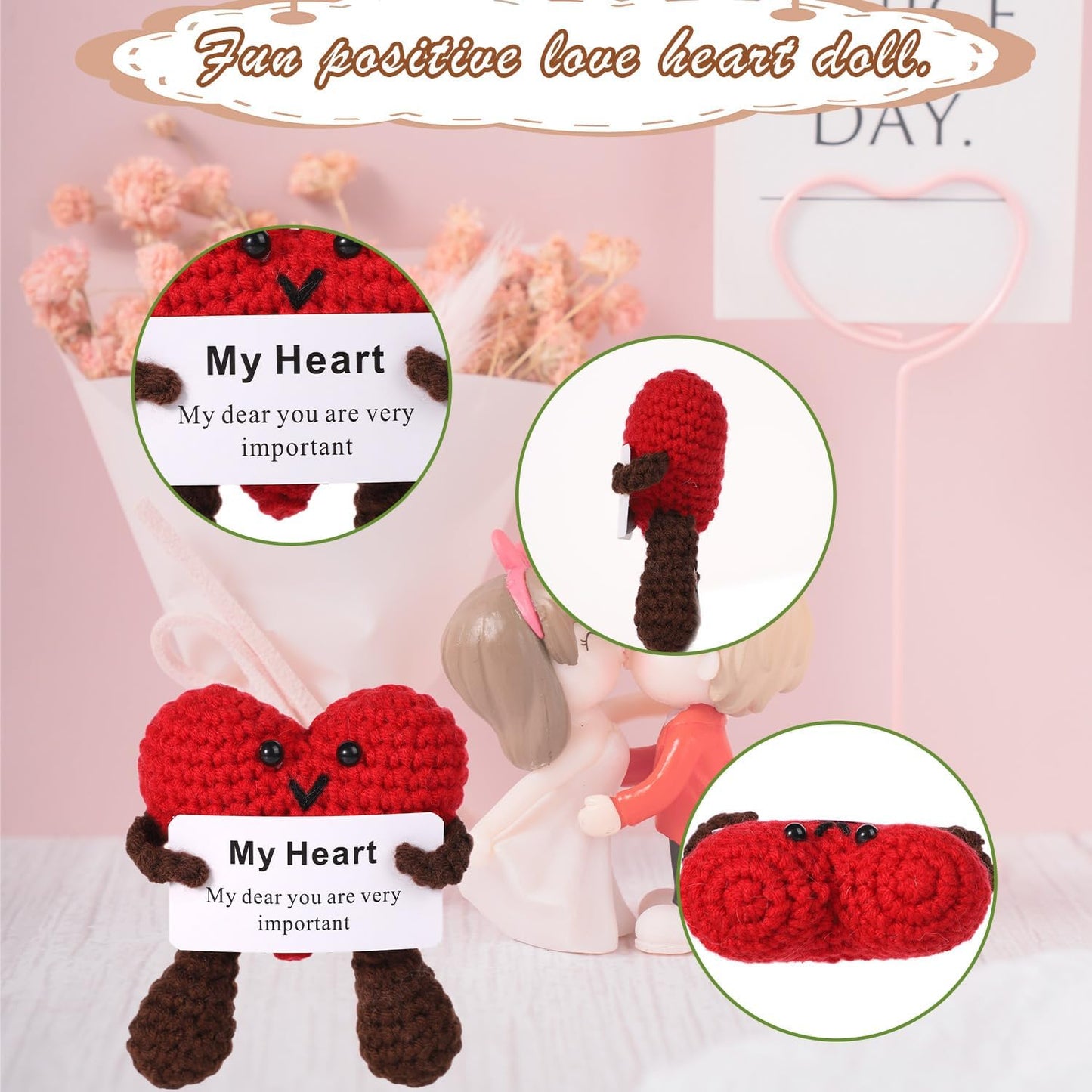 Positive Heart Crochet, Wool Yarn Funny Positive Knitted Toy Doll Red Heart Potato Doll with Encourage Card