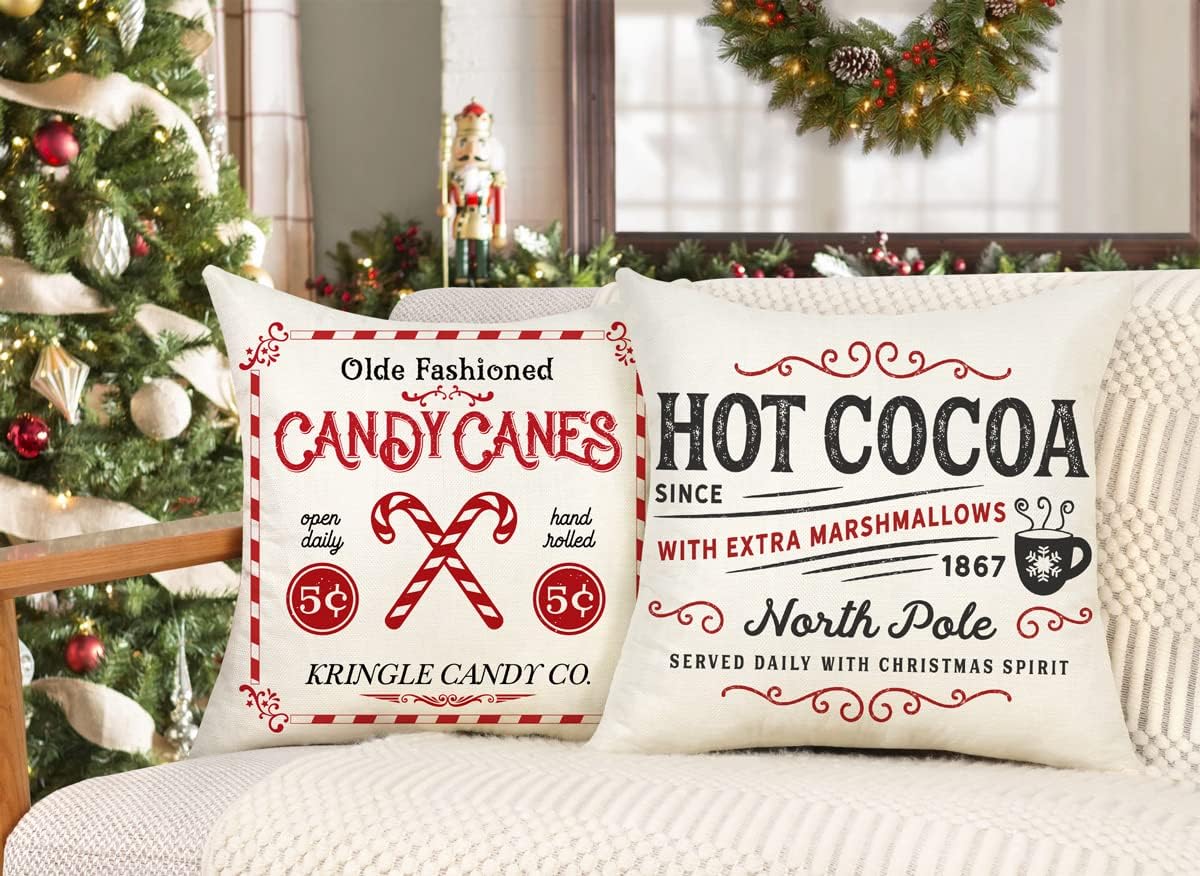 Farmhouse Christmas Pillow Covers 18x18 Set of 4 Winter Holiday Decorations Xmas Rustic Throw Cushion Case for Sofa Couch Home Decor (Sleigh Rides, Farm Fresh Tree, Cocoa, Candy Canes)