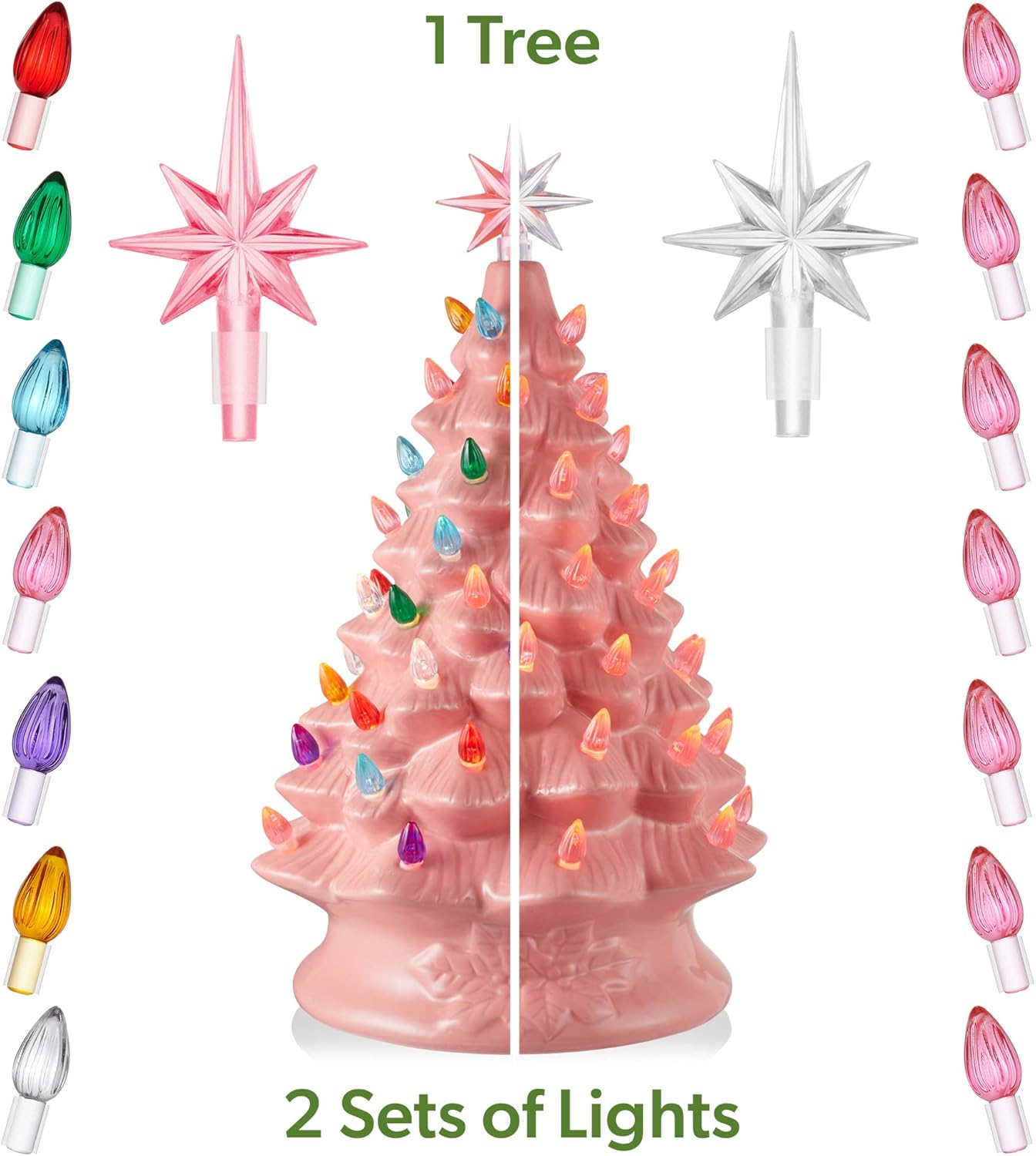 Hand Painted Ceramic Christmas Tree, Pink 15-Inch Pre-Lit Tree with 128 Multi Color Lights and 2 Star Toppers