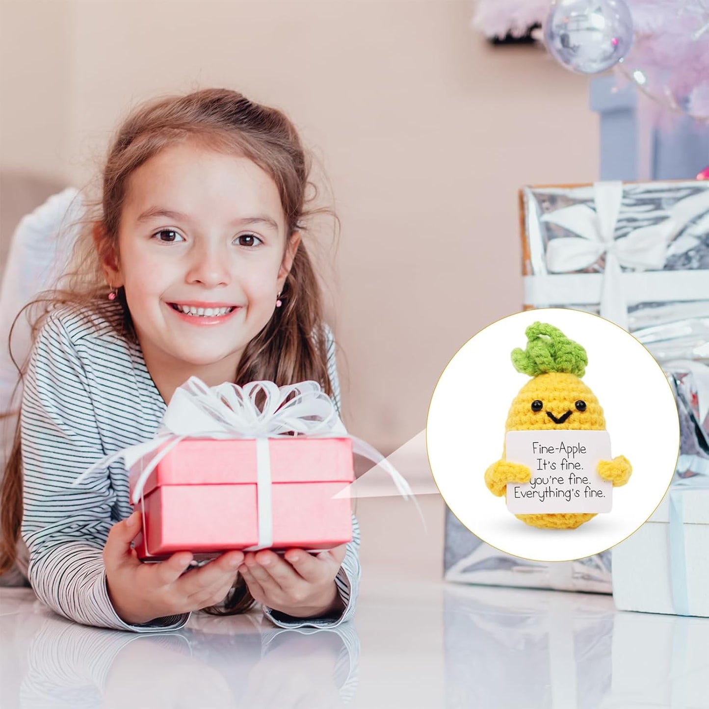 Funny Positive Pineapple, Knitted Pineapple Potato Toy with Encouraging Card Party Decoration Encouragement Gift