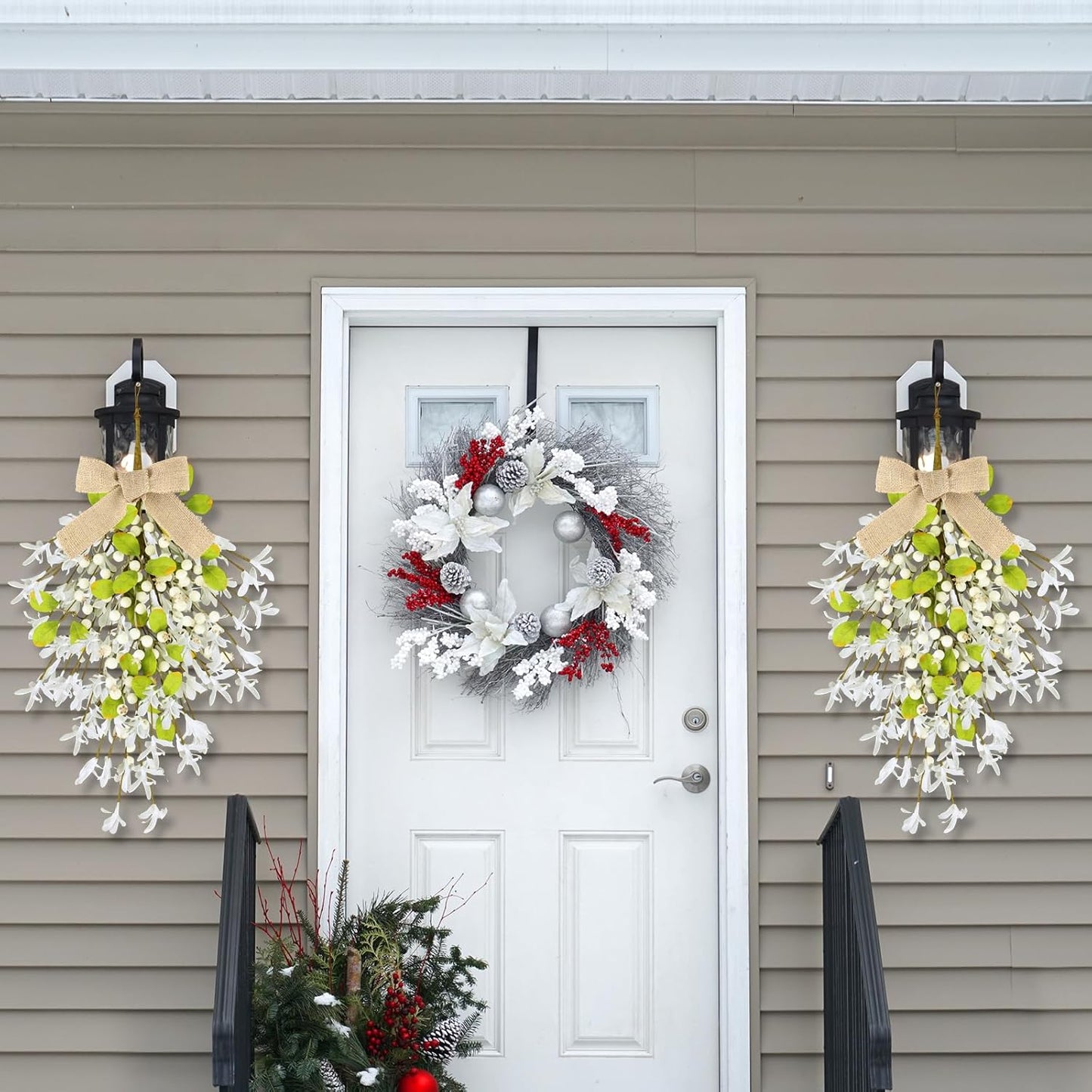 24" Christmas Wreaths for Front Door 2 PCS Christmas Teardrop Swag Winter Wreath with Red Ball Red Berry Pine Needles for Indoor Outdoor Farmhouse Home Wall Window Festival Wedding Decor