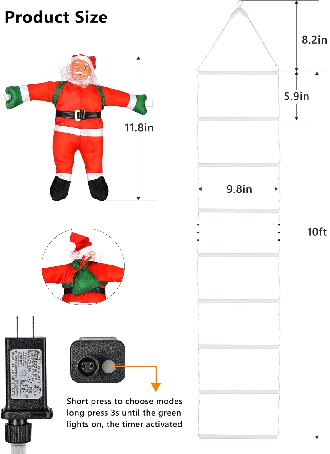 LED Christmas Lights - 10ft Christmas Decorative Ladder Lights with Santa Claus, Xmas Decorations Light for Indoor Outdoor, Window, Garden, Home, Wall, Xmas Tree Decor - Warm White