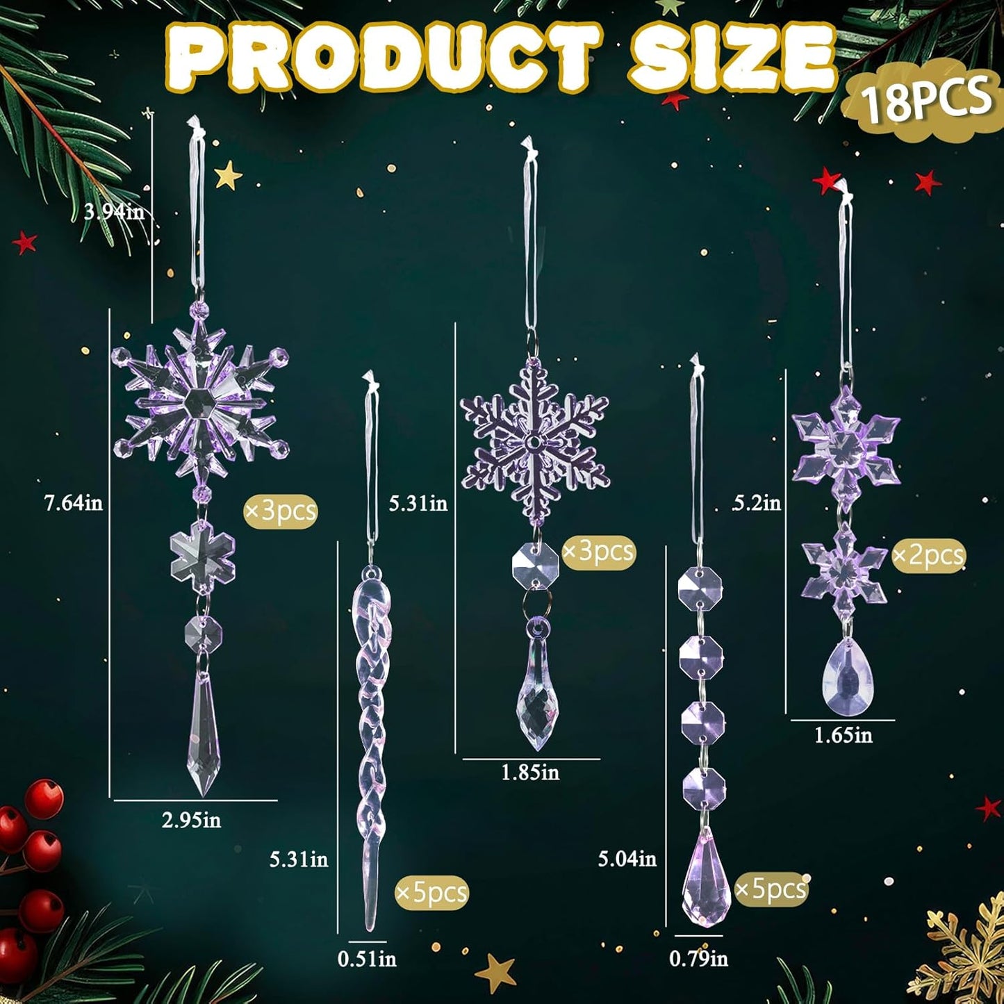18pcs Christmas Tree Decoration Crystal Ornaments - Hanging Acrylic Christmas Snowflake Icicle Drop Crystal Ornaments for Xmas Tree Winter New Year Party Supplies
