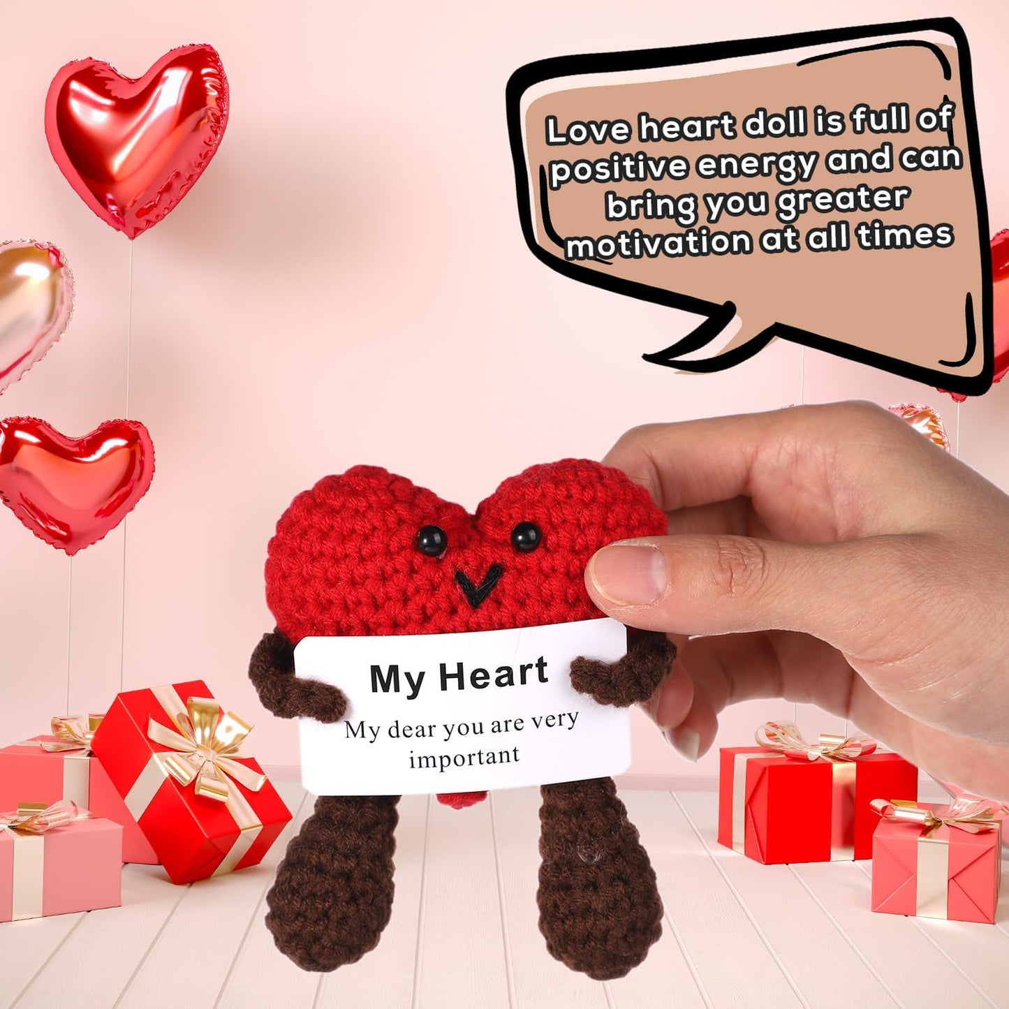 Positive Heart Crochet, Wool Yarn Funny Positive Knitted Toy Doll Red Heart Potato Doll with Encourage Card