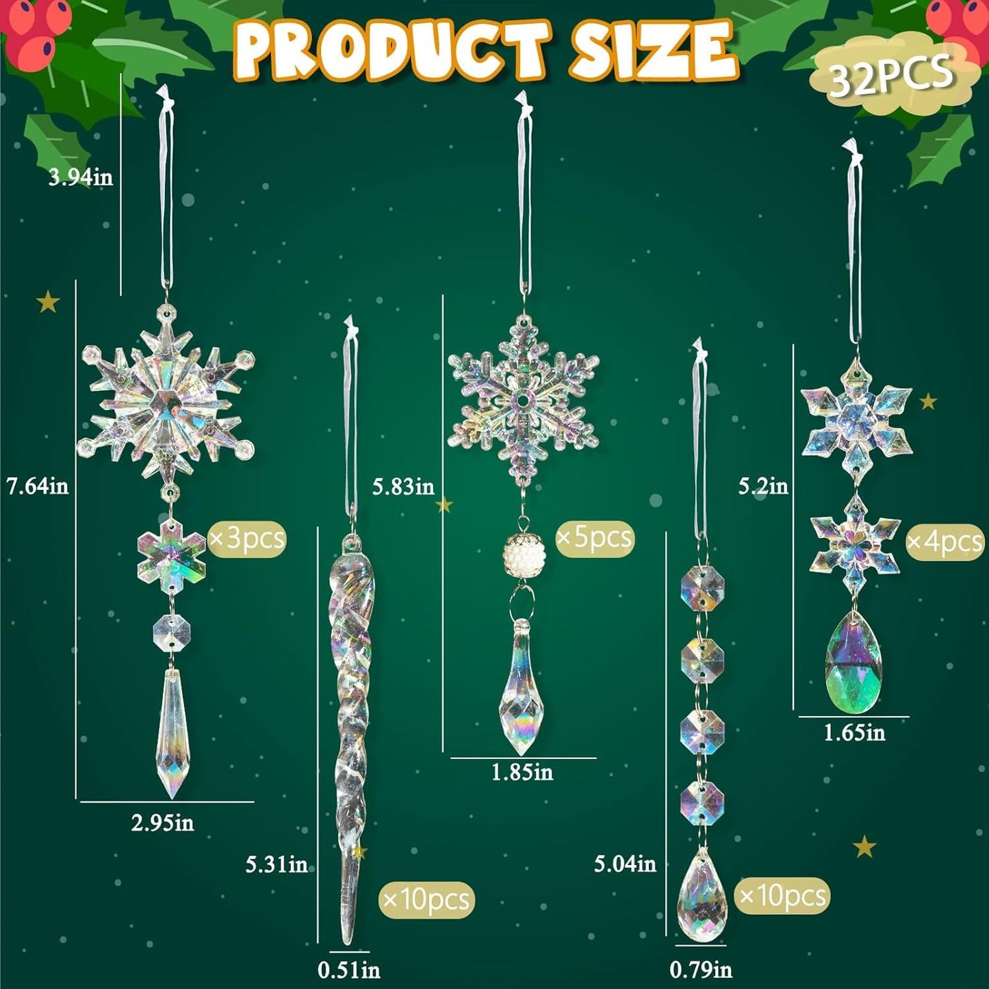 18pcs Christmas Tree Decoration Crystal Ornaments - Hanging Acrylic Christmas Snowflake Icicle Drop Crystal Ornaments for Xmas Tree Winter New Year Party Supplies