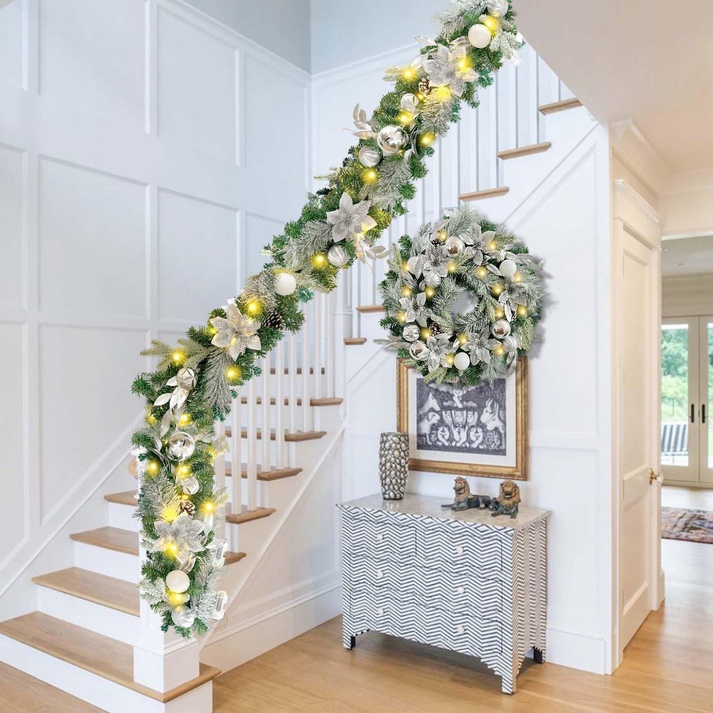 Pre-Lit 24 Inch Lighted Christmas Wreath for Front Door Champagne Gold Christmas Door Wreath Decor with Ball Ornaments, Poinsettia Flowers,Ribbon,Pine Cones,Battery Operated 30 LED Lights