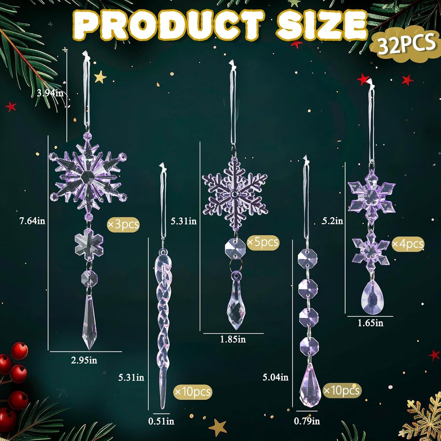 18pcs Christmas Tree Decoration Crystal Ornaments - Hanging Acrylic Christmas Snowflake Icicle Drop Crystal Ornaments for Xmas Tree Winter New Year Party Supplies