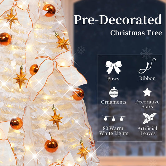 4FT Prelit Pop Up Christmas Tree, Pre-Decorated Collapsible Christmas Tree with 80 Warm White LED Lights, Foldable Artificial Tree for Easy Setup Holiday Decoration