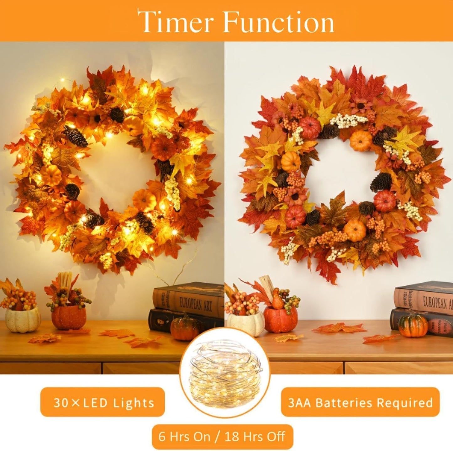 Waipfaru Fall Wreaths for Front Door - 20'' Autumn Wreath with Lights & Welcome Sign & Timer Function, Fall Leaf Reef Farmhouse Thanksgiving Decor for Outdoor Porch Patio