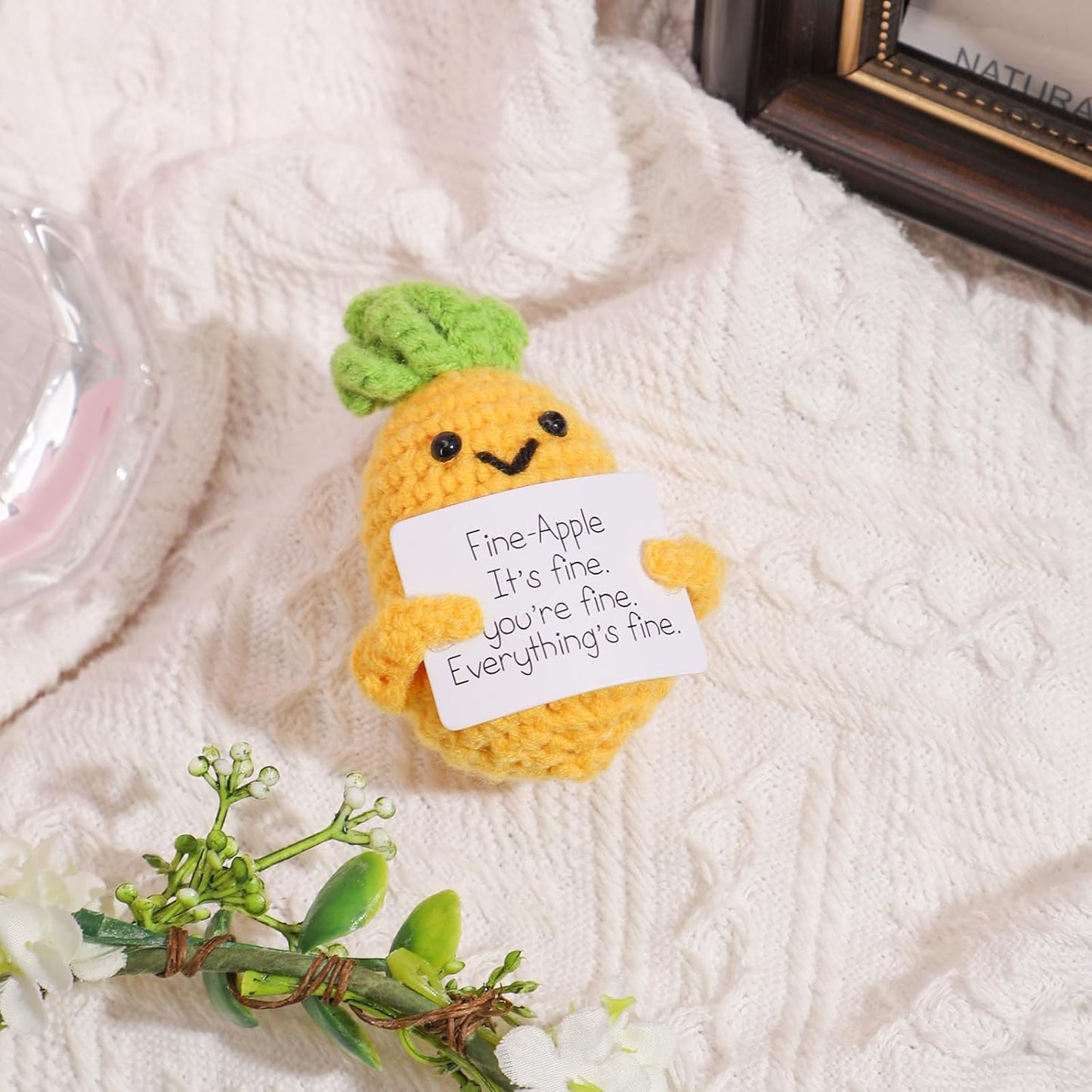 Funny Positive Pineapple, Knitted Pineapple Potato Toy with Encouraging Card Party Decoration Encouragement Gift
