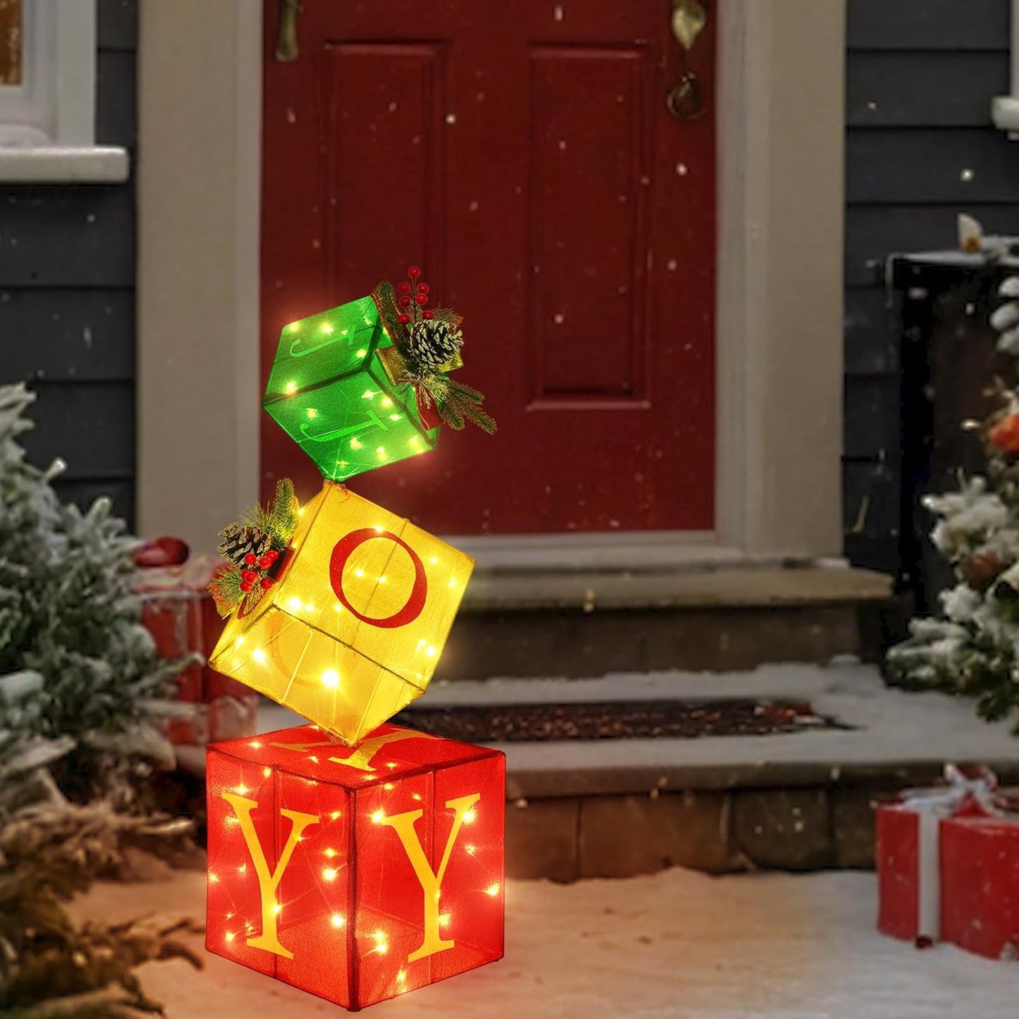 Christmas Joy Lighted Gift Boxes Decorations Set of 3, 2.6Ft Stackable Christmas Nesting Boxes Battery Operated for Home and Party Decoration