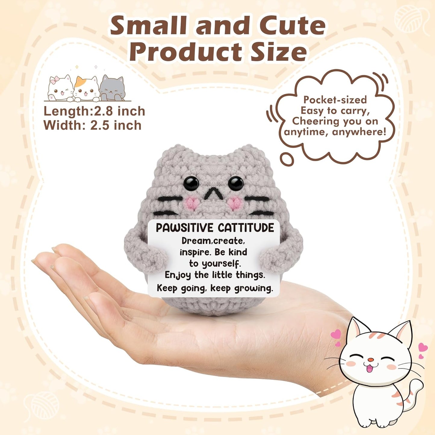 Crochet Cat Easter Basket Stuffers Positive Cat Crochet for Friend for Mom Grandma Dad Grandpa Daughter Son Gifts, Emotional Coworker Sister Brother Support Small Birthday Gifts